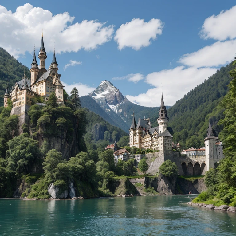 A grand castle with multiple spires and towers, built on a cliff surrounded by waterfalls, overlooking a lake with mountains in the background  a majestic palace with domed roofs and intricate carving waterfalls, overlooking a river with forests in the distance a mediaval fortress with turrets and battlements, situated on a rocky outcrop surrounded by cascading waterfalls overlooking a valley with snow-capped peaks in the backdrop