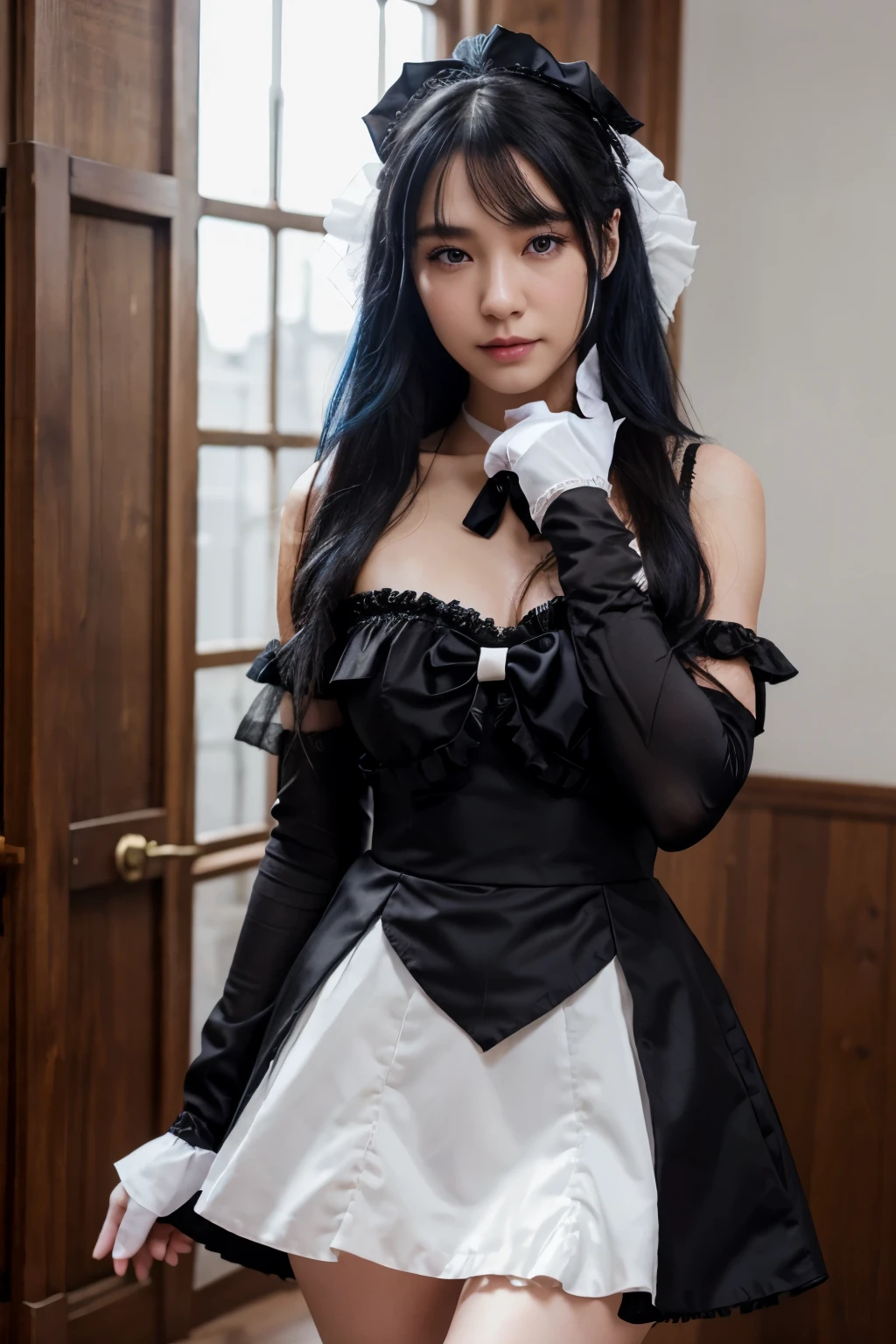best quality, masterpiece, super high resolution, (realistic:1.4), original photo, 1girl, black bow, black gloves, black legs, blue eyes, blue hair, bow, collarbone, dress, drilled hair, frilled dress, frilled trim, gloves, gwen\ (League of Legends\), hair accessory, high resolution, league of legends, long hair, parted lips, fluffy sleeves, pink pupils, smile, solo, white dress, x, x hair ornament, delicate face,