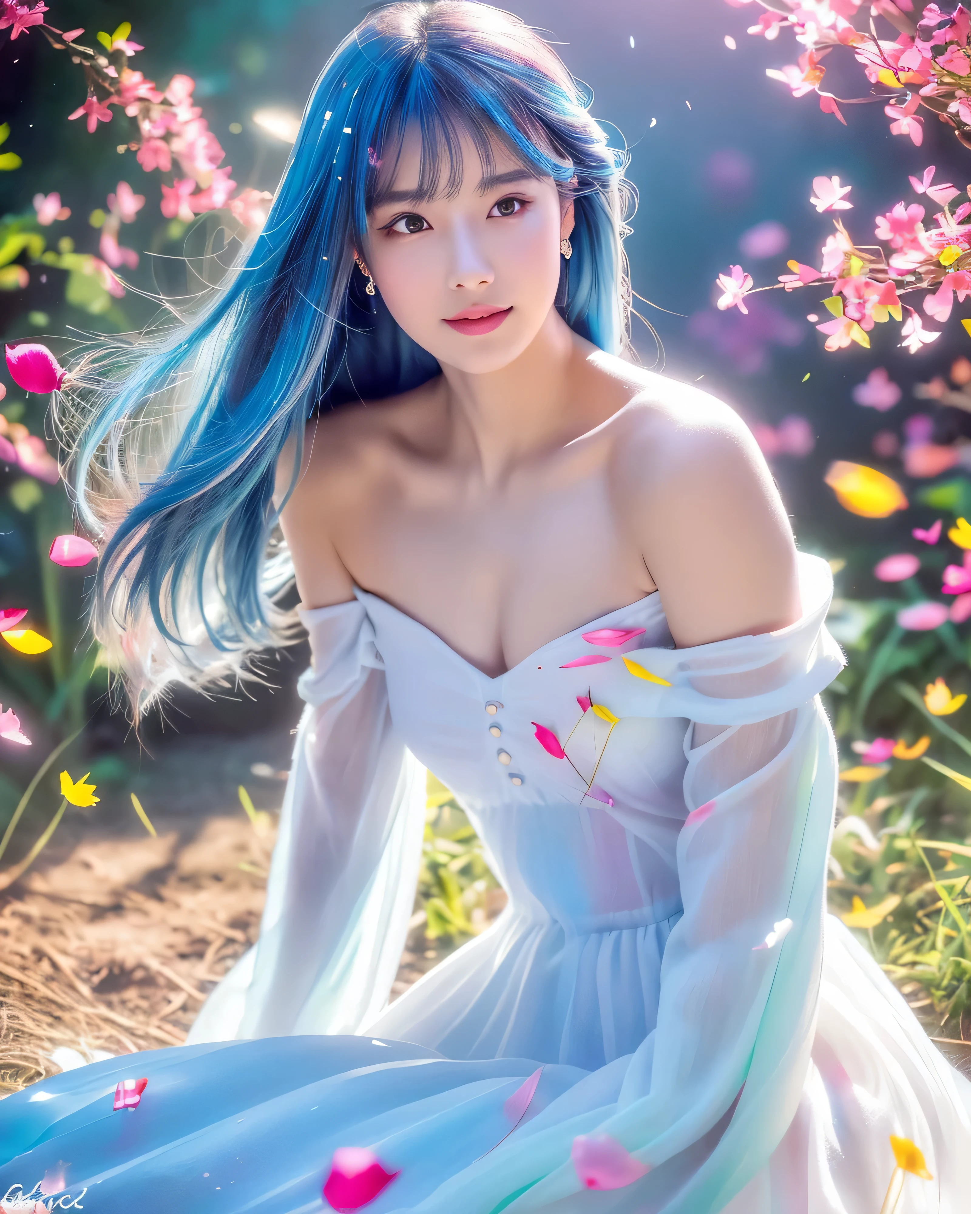 (highest quality, 32k, High resolution, masterpiece:1.5,), Haunting fantasy portrait in abstract style, ((In a swirl of fantastic pastel colors and soft light)), Evoking a sense of soothing tranquility and elusive beauty, Award-winning masterpiece with amazing details, cute japanese woman, perfect human anatomy, big magical eyes, fleeting smile, ((shiny baby blue hair)), Beautifully styled long straight hair, Beautiful asymmetrical bangs, hair between eyes, smooth and soft skin, natural makeup, Thin and slightly raised eyebrows, clear double eyelids, pale pink lips, ((white see-through dress, off shoulder, The absolute realm of miniskirts)), High resolutionの完璧な鎖骨, High resolutionの美しい胸元, Slender body with plump breasts, ((Colorful sparkling petal effect:1.3)), gentle sunlight, professional lighting, professional photographer, Professional models,mysterious