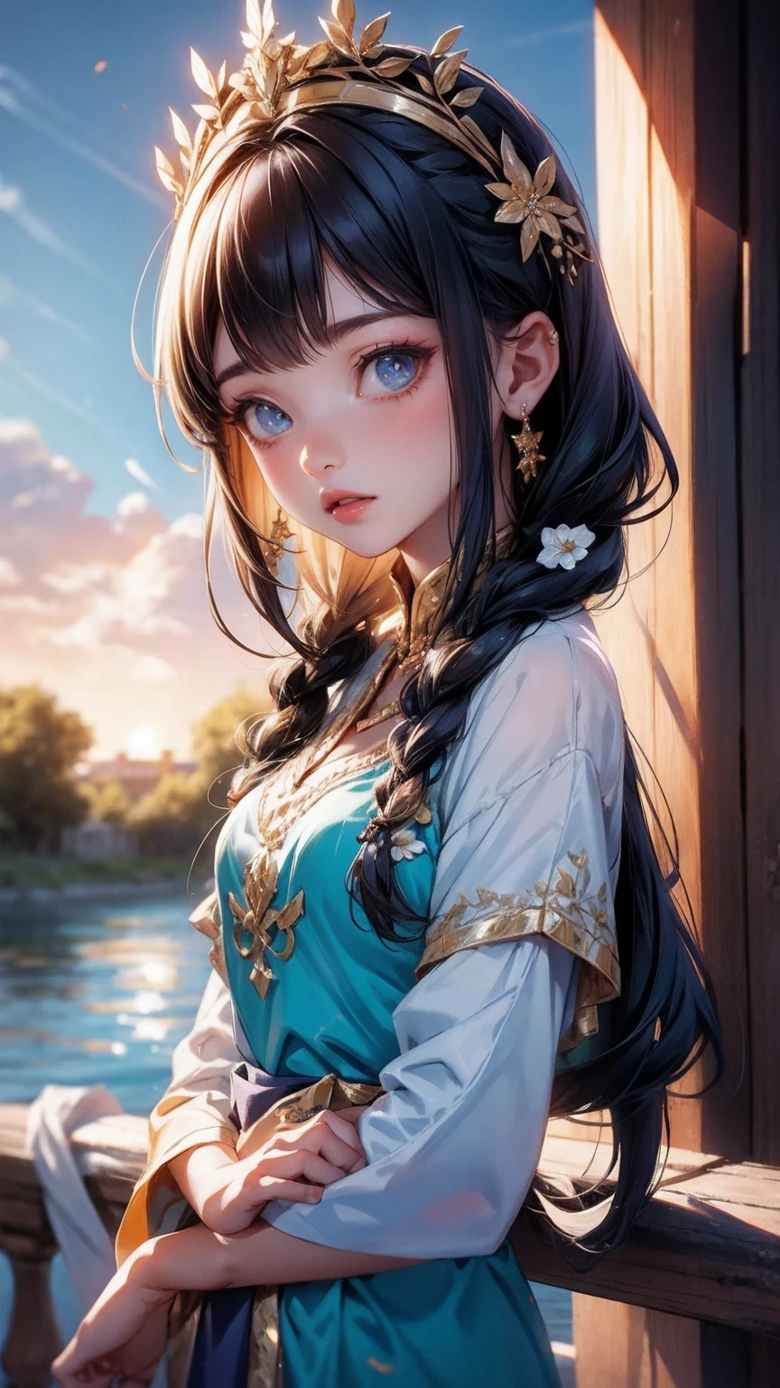 Cute Girl, 20 years old woman wearing ukrainian costume with flower crown and garland on head with blue eyes river and blue sky background afternoon light sunset realistic illustration