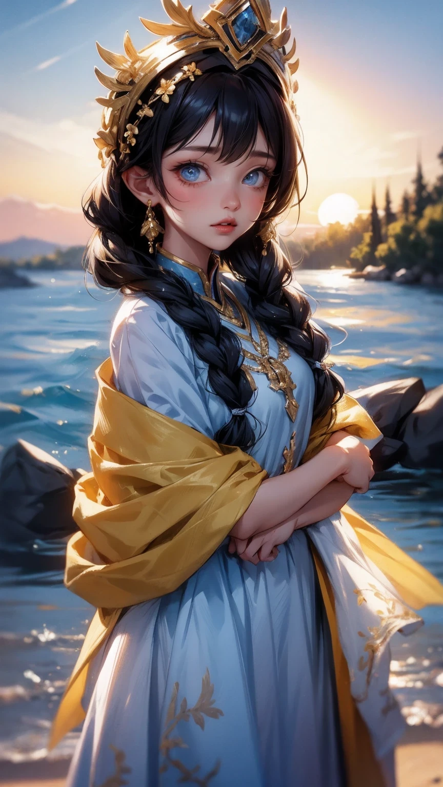 Cute Girl, 20 years old woman wearing ukrainian costume with flower crown and garland on head with blue eyes river and blue sky background afternoon light sunset realistic illustration