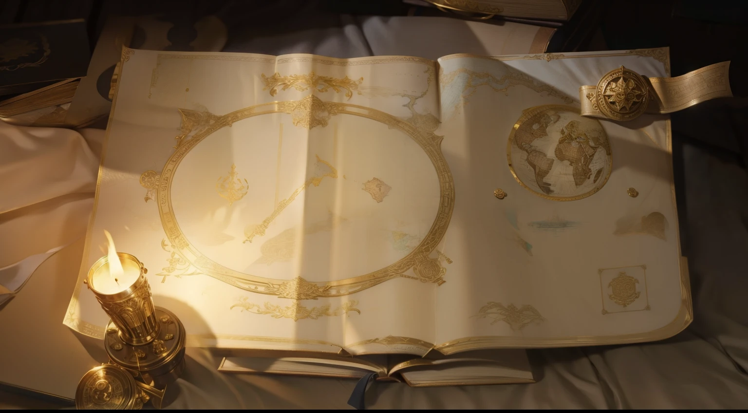 There is a piece of paper,It has a gold pattern on it, ornate border + concept art, 战斗map道具, map, faded parchment, Magic book page, Loading screen", treasure background, map帕特伦, arena background, 蒸汽车间map, Treasure Map, 8k high definition wallpaper jpeg artifact, 8k high definition wallpaper jpeg artifact, reel