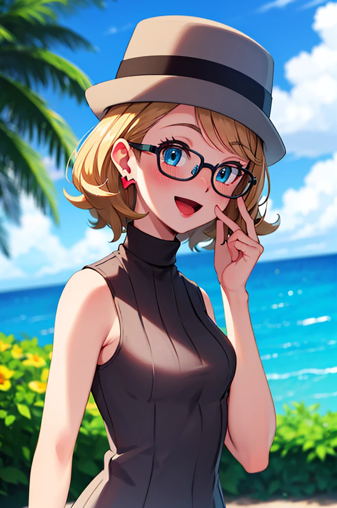 masterpiece, best quality, highres, 1girl, solo, blush, smile, short hair, open mouth, bangs, blue eyes, blonde hair, hat, jewelry, upper body, :d, earrings, outdoors, sky, sleeveless, day, tongue, shiny, cloud, hand up, water, blurry, vest, bare arms, eyelashes, turtleneck, border, happy, grass, sweater vest, sleeveless turtleneck, grey headwear,  glasses