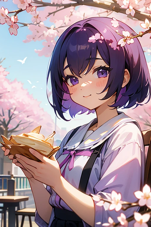 Bob with purple inner color、cute girl、eat crepes at a cafe、Cherry Blossom、Wearing skajans、bird