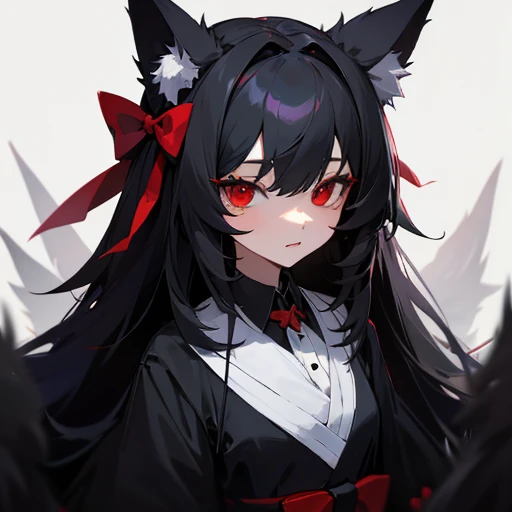 black fox girl , red eyes , black long hair , there are two white bow hair accessories on the head , black fluffy tail