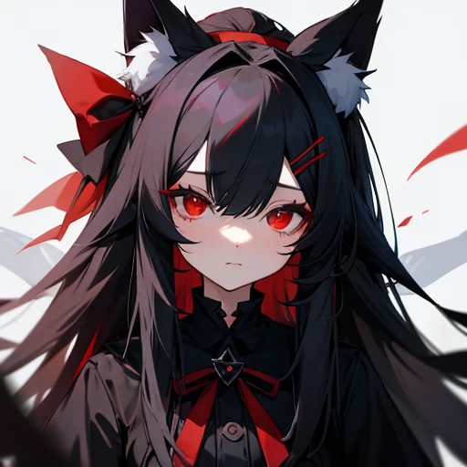 black fox girl , red eyes , black long hair , there are two white bow hair accessories on the head , black fluffy tail