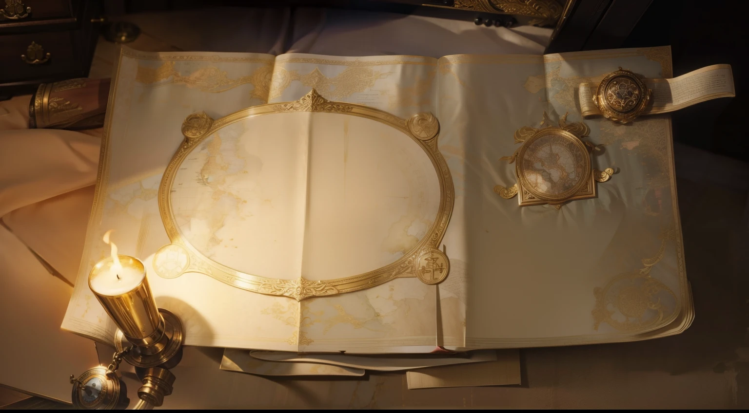 There is a piece of paper,It has a gold pattern on it, ornate border + concept art, 战斗map道具, map, faded parchment, Magic book page, Loading screen", treasure background, map帕特伦, arena background, 蒸汽车间map, Treasure Map, 8k high definition wallpaper jpeg artifact, 8k high definition wallpaper jpeg artifact, reel