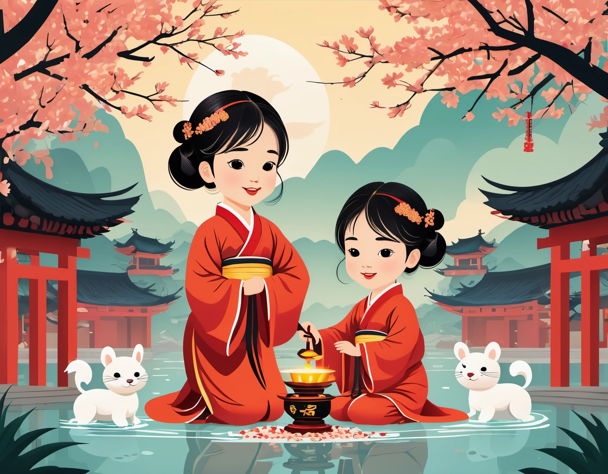 Vector illustration,vector art,children illustration,Flat coating,Ching Ming Festival,sacrifice,8k,high quality,masterpiece