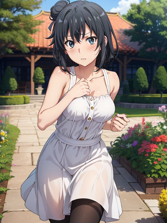 ((masutepiece, Best Quality, hight resolution, nffsw, Perfect Pixel, depth of fields, 4K, )), 1girl in, Solo, , Beautiful anime girl, Beautiful Art Style, 
running:1.3, garden background, Looking at viewer,
Perfect body, serious face, lift skirt, black hose:1.3, white long dress:1.2

yukinoshita yukino, black hair, short hair, hair bun, medium breasl face blush, 
straight-on:1.4