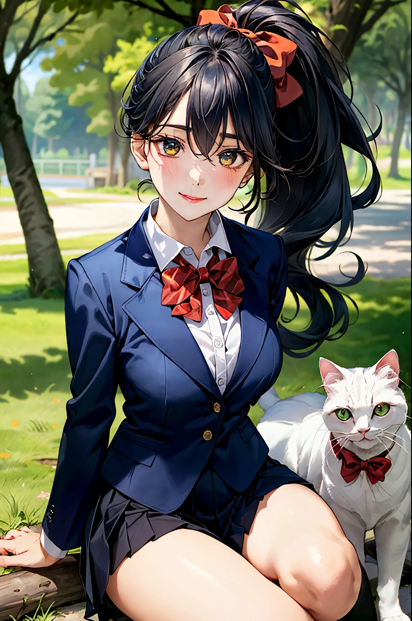 (masterpiece:1.3, top-quality, ultra high res, ultra detailed), (realistic, photorealistic:1.4), beautiful illustration, perfect lighting, natural lighting, colorful, depth of fields,
beautiful detailed hair, beautiful detailed face, beautiful detailed eyes, beautiful clavicle, beautiful body, beautiful chest, beautiful thigh, beautiful legs, beautiful fingers,
looking at cat, 1 girl, high school girl, perfect face, (perfect anatomy, anatomically correct), cute and symmetrical face, face, , shiny skin,
(long hair:1.5, ponytail:1.5, black hair), hair between eyes, dark green eyes, drooping eyes, big eyes, long eye lasher, (medium breasts), slender,
(((navy blazer, close blazer), collared white shirt, navy pleated skirt, red bow tie), ), navy school socks,
(beautiful scenery), evening, (park, sitting on the branches of a large tree, (white cat)), , (happy smile),