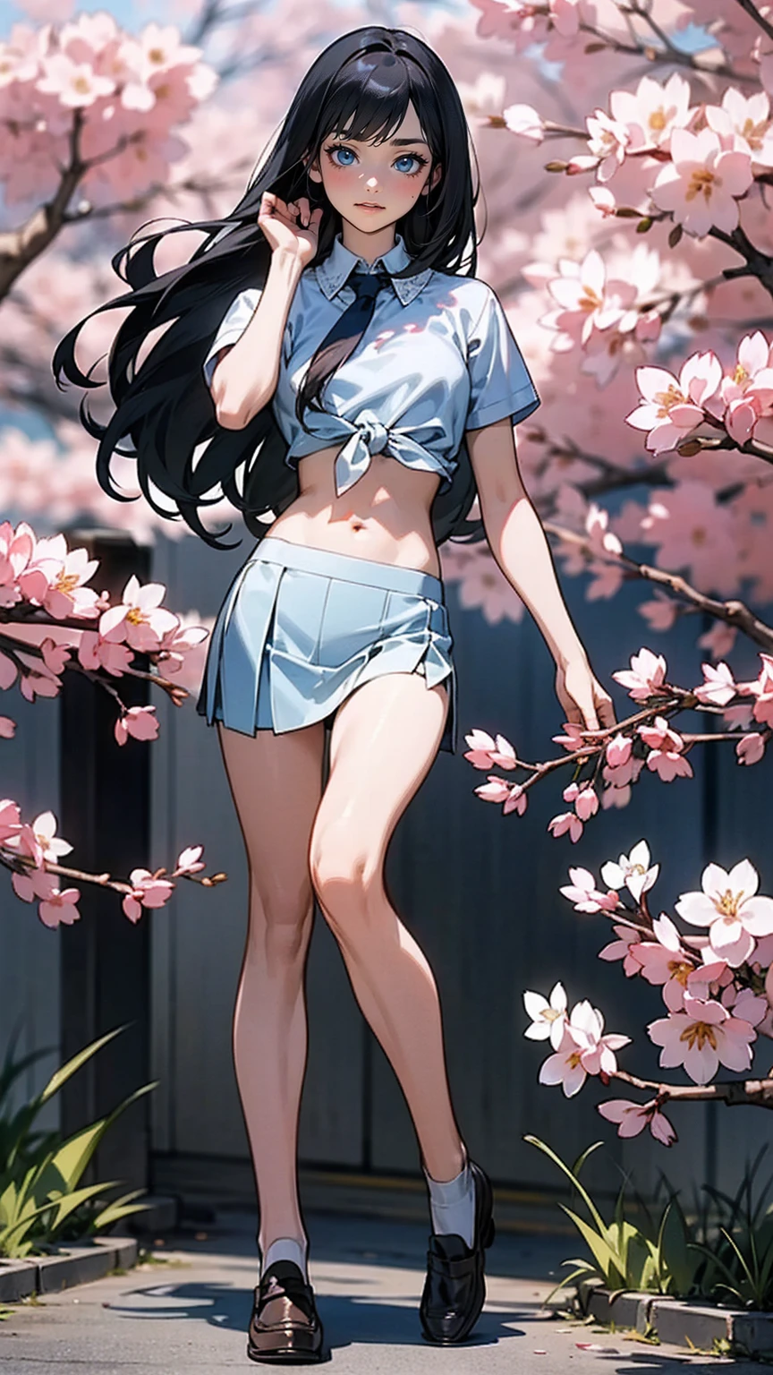 (8K, RAW photo, highest quality, masterpiece:1.2), (realistic, photo-realistic:1.37)、26 year old white woman、hair is black、Eye color is indigo、long hair、I braid it lightly、Slender but well-proportioned muscular body、setting hair、I&#39;m punching my chest、accessories on the ankle、smile、I&#39;m wearing a hair band、wearing a tie front shirt、My abs are cracked、I can see my bellybutton、She is wearing a dark blue low-rise micro-mini length pleated skirt.、wearing stockings、白い靴下wear、loafers((loafer))wear、Have a student bag、I&#39;m on the row of cherry blossom trees I planted at school.、Cherry blossoms are in full bloom、smile、Entrance ceremony