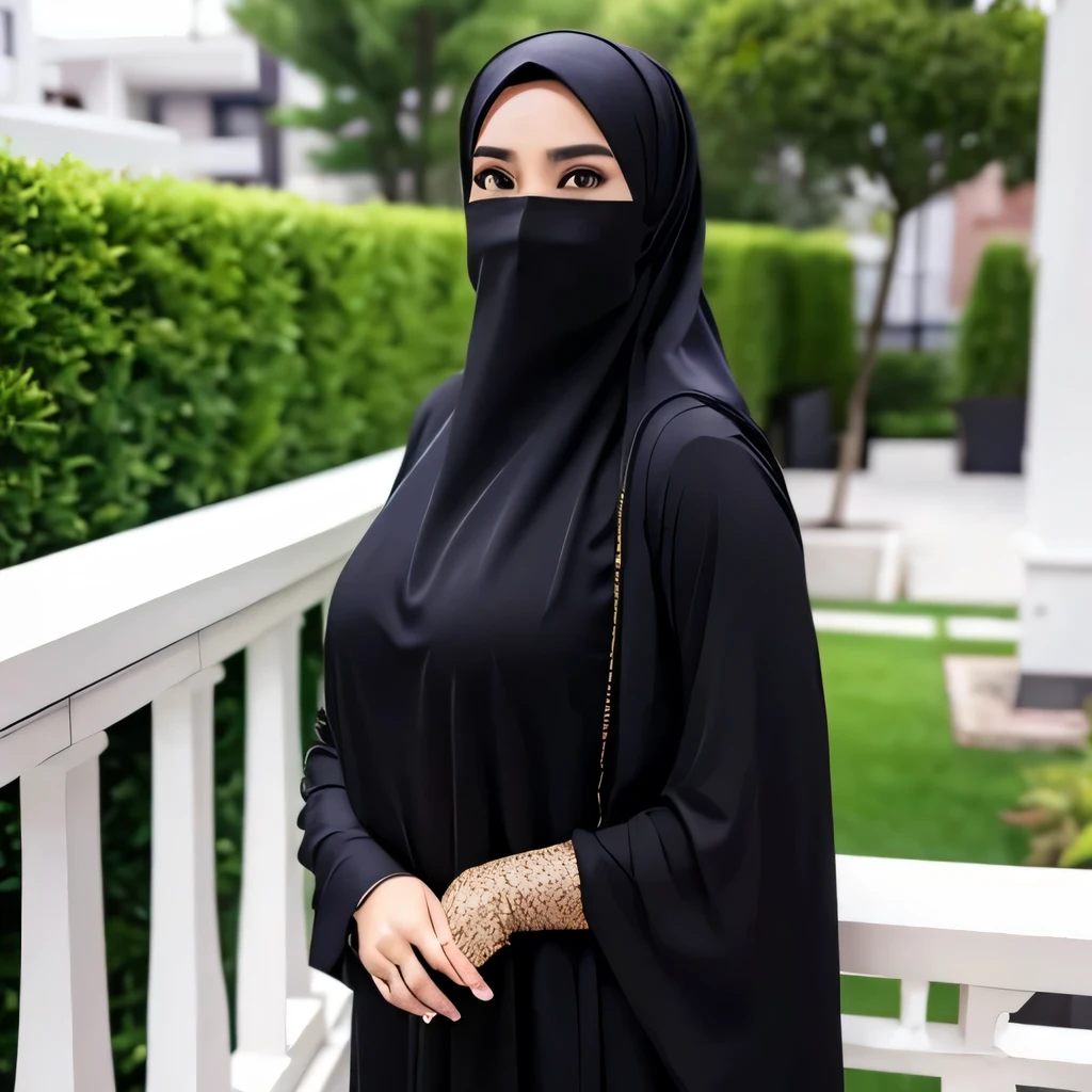 25 years Old, Hijab Malaysian Mature Woman, Perfect curvy body, at Apartment balcony, showing whole body, Thighs, Sexy Pose, Wearing Purdah, Realistic Veil Hijab, 4K Images, Sexy Pose, Showing Thighs, Big Breast, Mature Body, wearing Black Satin Jubah, White Girl