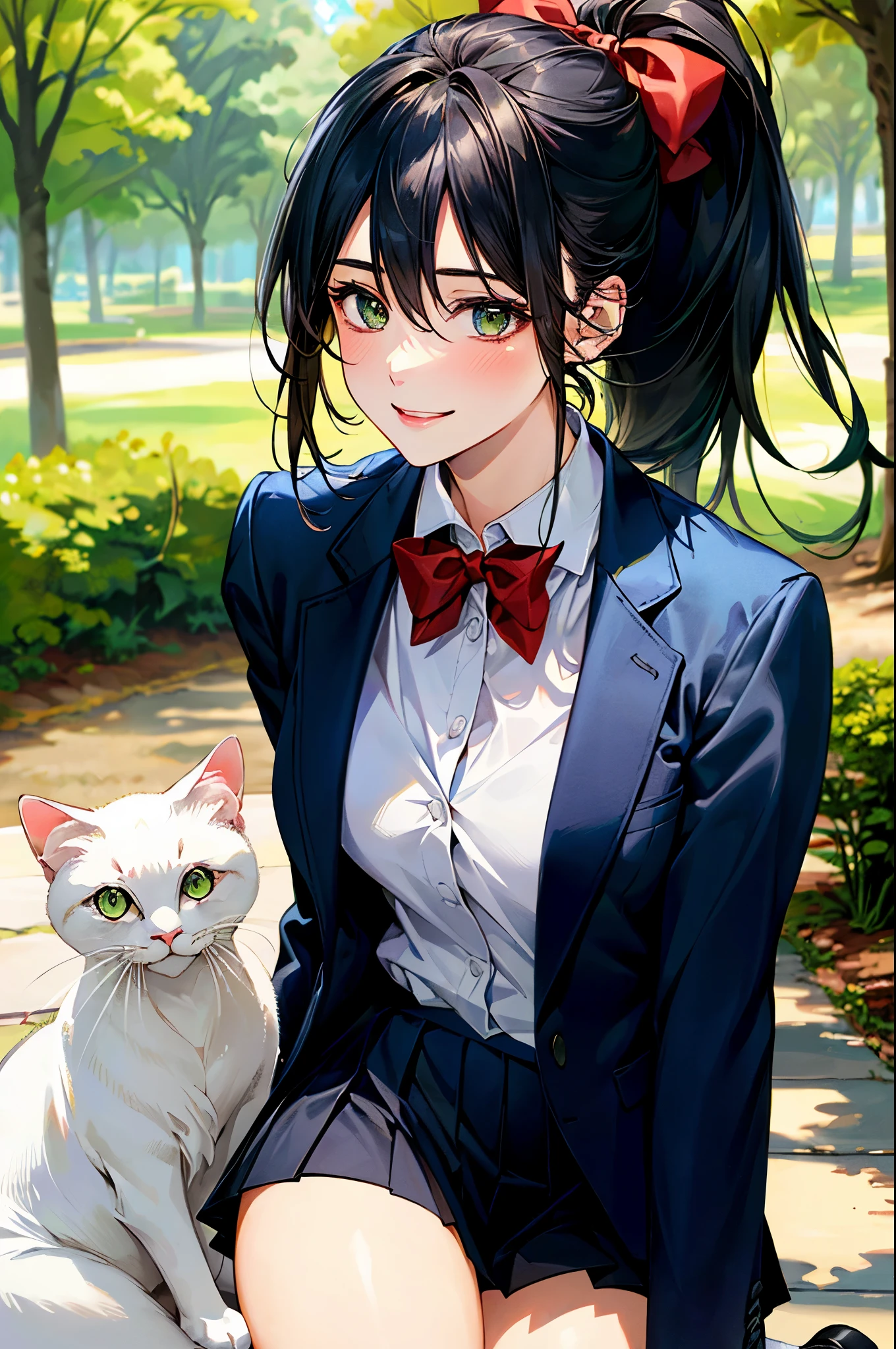 (masterpiece:1.3, top-quality, ultra high res, ultra detailed), (realistic, photorealistic:1.4), beautiful illustration, perfect lighting, natural lighting, colorful, depth of fields,
beautiful detailed hair, beautiful detailed face, beautiful detailed eyes, beautiful clavicle, beautiful body, beautiful chest, beautiful thigh, beautiful legs, beautiful fingers,
looking at cat, 1 girl, high school girl, perfect face, (perfect anatomy, anatomically correct), cute and symmetrical face, babyface, , shiny skin,
(long hair:1.5, ponytail:1.5, black hair), hair between eyes, dark green eyes, drooping eyes, big eyes, long eye lasher, (medium breasts), slender,
(((navy blazer, close blazer), collared white shirt, navy pleated skirt, red bow tie), ), navy school socks,
(beautiful scenery), evening, (park, sitting on the branches of a large tree, (white cat)), , (happy smile),
