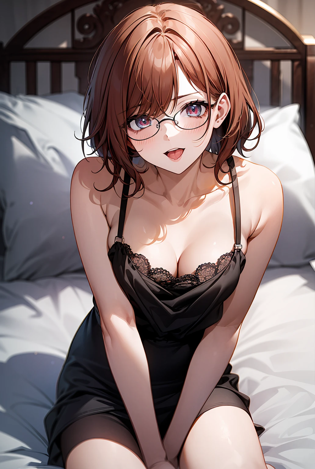 ultradetail、particles of light:0.5、slender、small breasts、Red Frame Glasses、beautiful blue eye、humiliated face、cleavage、white blouse、face with tongue out、lie in bed