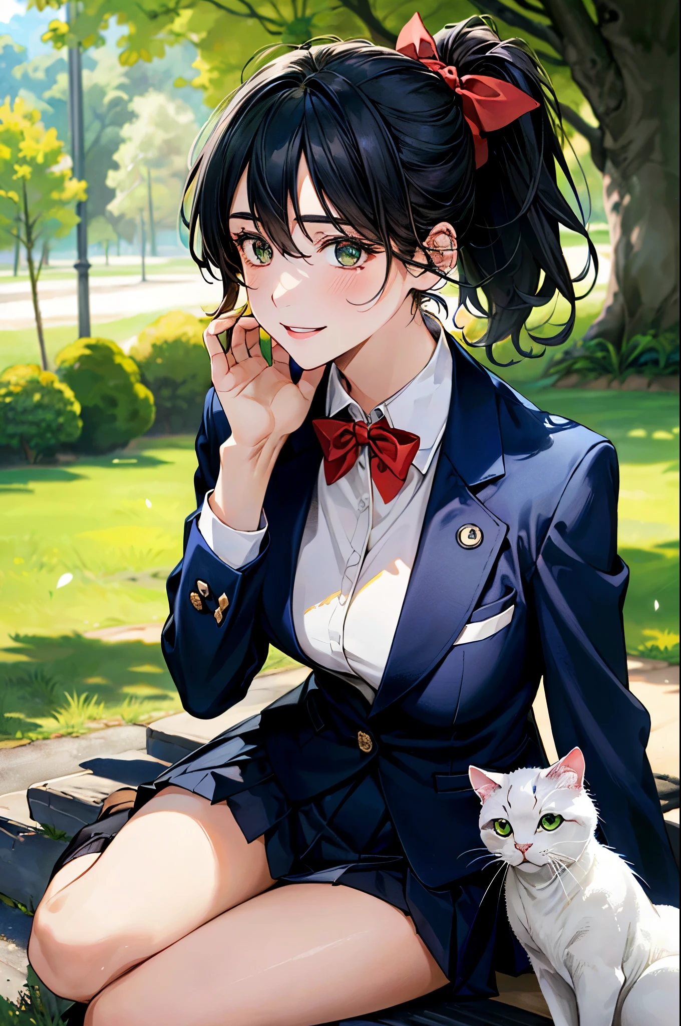 (masterpiece:1.3, top-quality, ultra high res, ultra detailed), (realistic, photorealistic:1.4), beautiful illustration, perfect lighting, natural lighting, colorful, depth of fields,
beautiful detailed hair, beautiful detailed face, beautiful detailed eyes, beautiful clavicle, beautiful body, beautiful chest, beautiful thigh, beautiful legs, beautiful fingers,
looking at cat, 1 girl, high school girl, perfect face, (perfect anatomy, anatomically correct), cute and symmetrical face, babyface, , shiny skin,
(long hair:1.5, ponytail:1.5, black hair), hair between eyes, dark green eyes, drooping eyes, big eyes, long eye lasher, (medium breasts), slender,
(((navy blazer, close blazer), collared white shirt, navy pleated skirt, red bow tie), ), navy school socks,
(beautiful scenery), evening, (park, sitting on the branches of a large tree, (white cat)), , (happy smile),