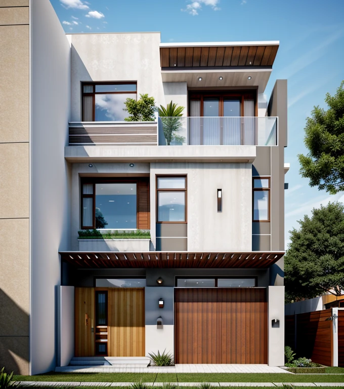 (masterpiece),(high quality), best quality, real,(realistic), super detailed, (full detail),(4k),8k,modern house exterior design,Modern architecture,Beautiful_sky,Day light, no_humans, outdoors,sky,tree,Garden flower front of building