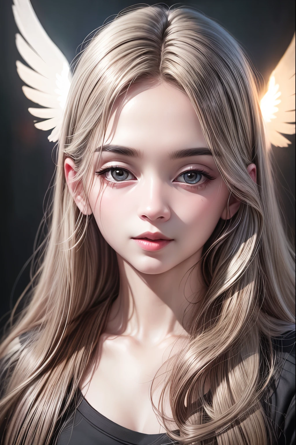 Best quality, masterpiece, ultra high res, (photorealistic: 1), in the dark, 1girl, solo, long blonde hair, angel halo, bright white skin, angelic, wings, feathers, deep shadow