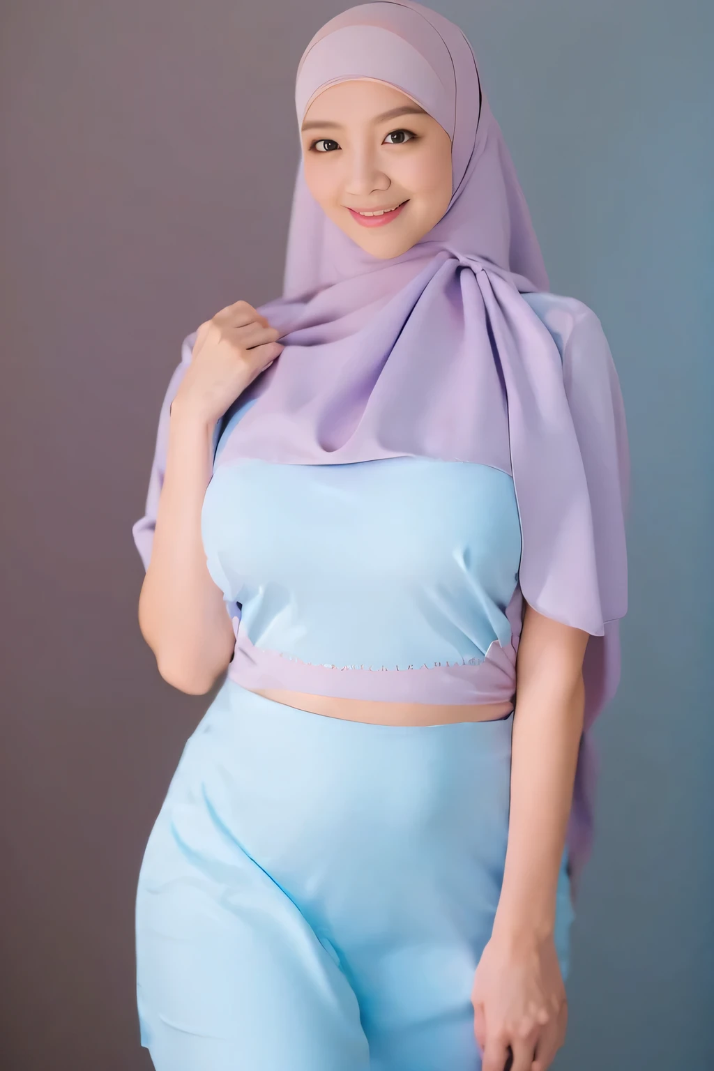 Malay girl in hijab wearing sexy purple color satin bra and panties portrait photography, mid shot photo, ultra detail, professional photograph with professional lighting, smile, light blue studio background, sexy seducing pose, curvy