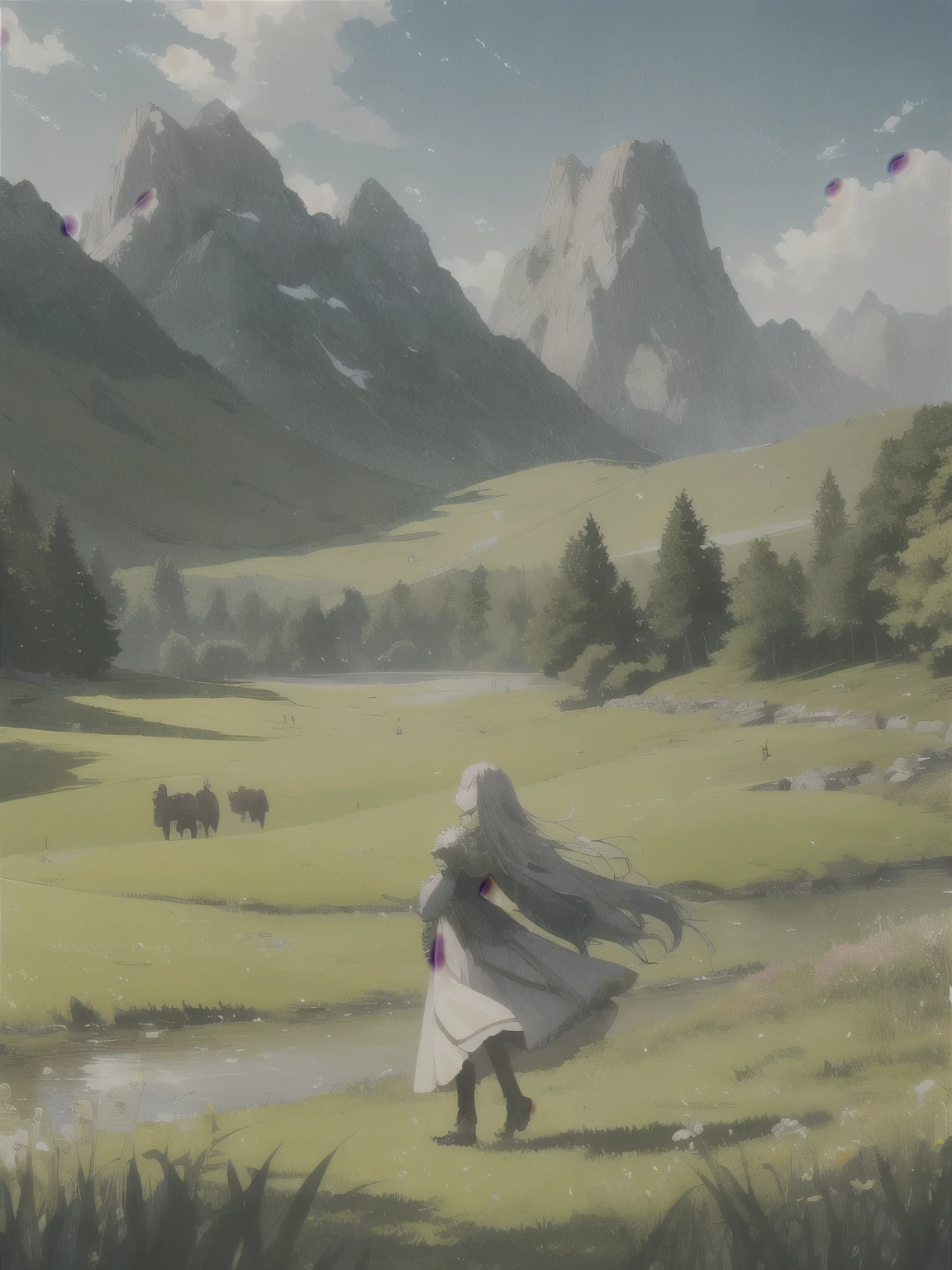 In a green meadow stands a girl leading a group of knights.
He rested with a brave expression, Guide them towards their destination.
Resting behind her, The green forest extends beyond, Mountains rise in the distance.
BREAK The most appropriate effect for this scene is the watercolor technique of capturing the softness of the meadow and the fluidity of movement.