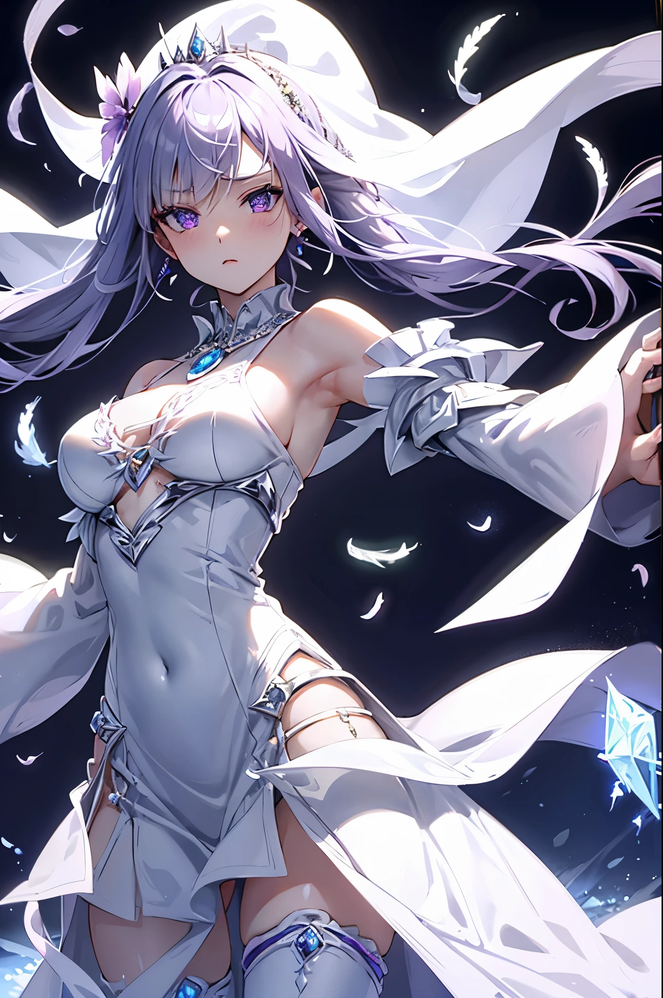 Emilia princess from Re:Zero kara Hajimeru Isekai Seikatsu, half elf, ((gorgeous white and purple elegant silk dress, holding a bunch of clematis, silk accesory, veil, silver necklace, diamond ring, flower earring, belt, collar, silver crown, silk long sleeves)), grace hair style, garden background, ((perfect body shape, medium breast, empress and frozen aura, flower and feather flying effect, clean detailed skin, silver and light purple pupil, blush)), best quality anime 16k wallpaper quality, extreme eye and body detail, spiral energetic girl, spirit around, high resolution , masterpieces, ultra lighting, seducing scenario, cold face