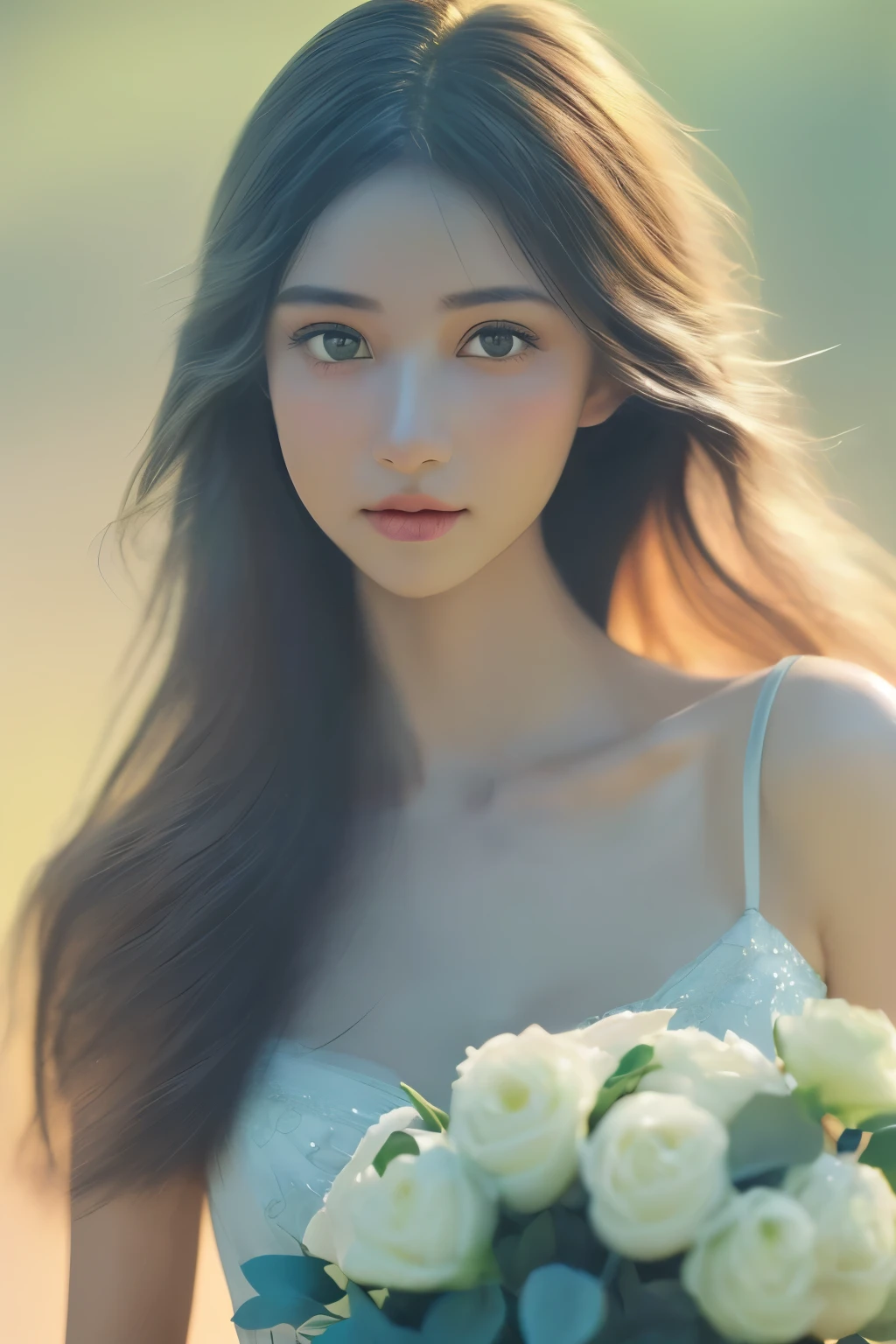 Women and bouquets, She looked at me with very beautiful and kind eyes.Detailed Schneider pastel ink, 、(pastel colors),Soft texture:((Delicate and beautiful eyes), (Detailed eyes and detailed face),The color is also significantly brighter,Background soft dark blue,ultra high definition, Super details, fresh and impressive，8K, 32k uhb,Photography,Nikon D850， real picture,national geographic,Award-winning,Award-winning照片