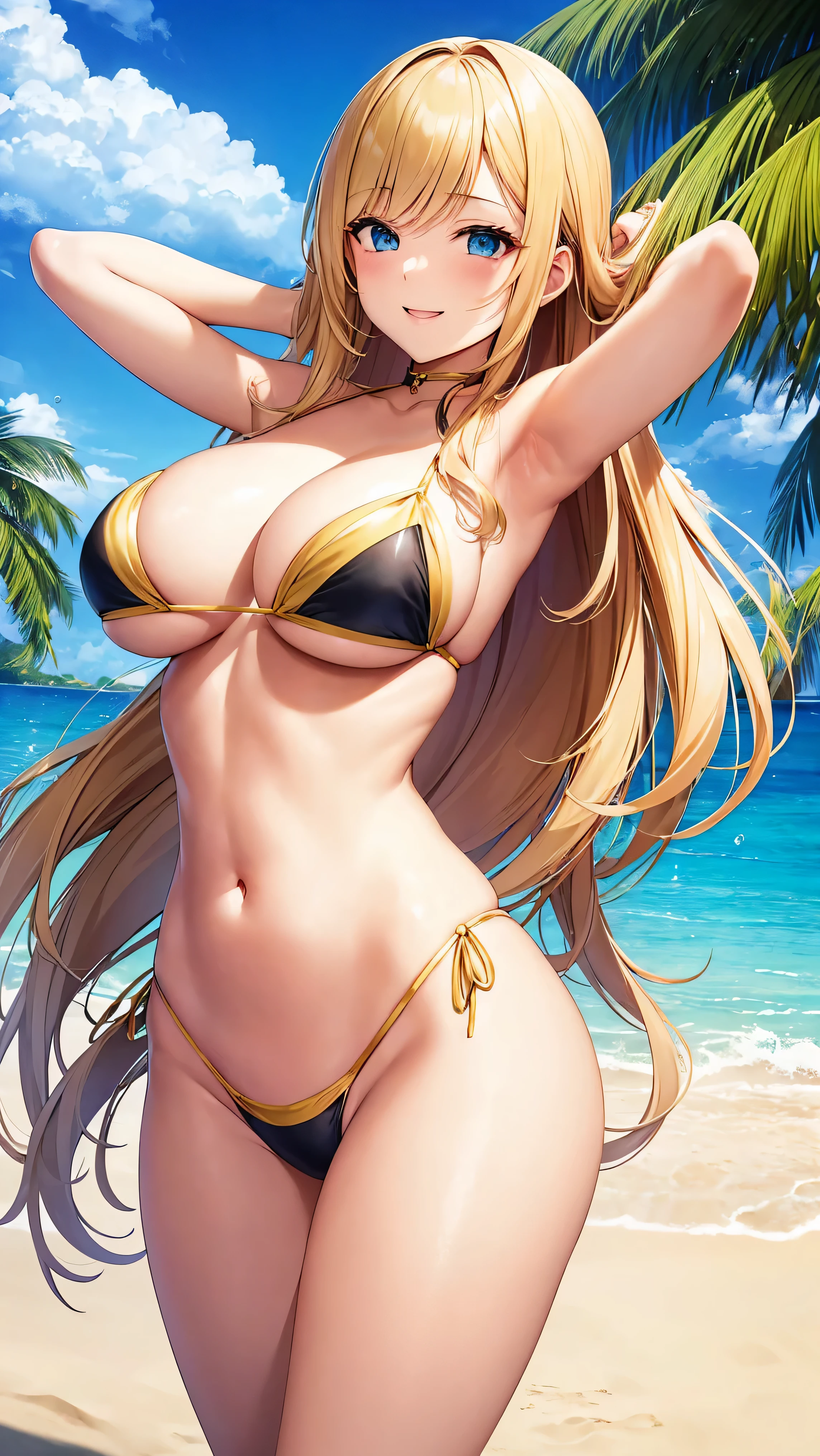 top-quality、Masterpiece、1girl in、Blonde Gal、Fancy Bikini、fleshy body、voluptuous breasts、Invincible smile、the beach、Cute anime illustration、