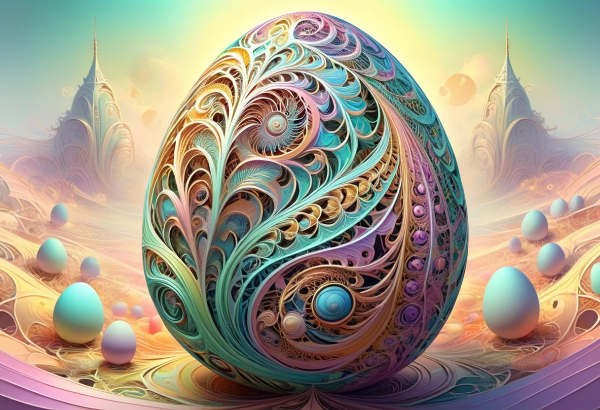 Fractal design art on the theme of Easter eggs. Zen art,Complex bizarre,  vector illustration in two dimensions, simplicity of pastel hues, whimsical, dream-like aura, flat design strategy, main focus on the subject, intricate detailing, increased saturation, set amidst a captivating background, trending illustration format on ArtStation, by Greg Rutkowski, masterful watercolor treatment