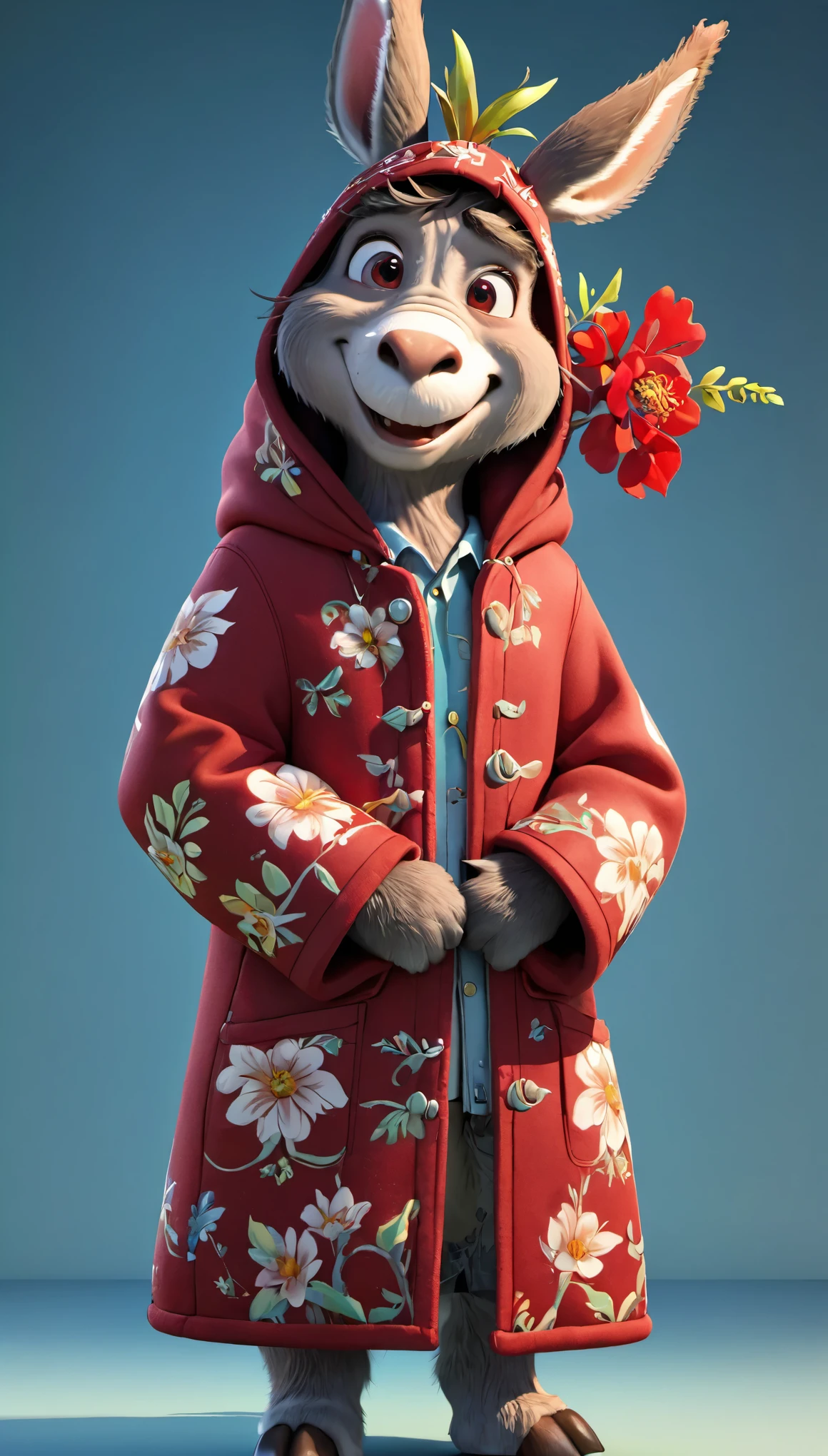 3d，c4d，disney art of animation，personification，Donkey man，Donkey-headed man，Wearing a Northeastern red floral thick cotton coat，Cross your arms，Head turned to one side stubbornly，Warmth，Cute and cute，Cartoon，OC renderer，8k，high quality，masterpiece