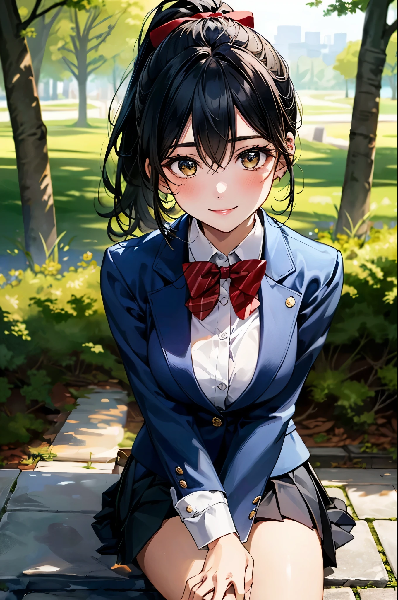 (masterpiece:1.3, top-quality, ultra high res, ultra detailed), (realistic, photorealistic:1.4), beautiful illustration, perfect lighting, natural lighting, colorful, depth of fields,
beautiful detailed hair, beautiful detailed face, beautiful detailed eyes, beautiful clavicle, beautiful body, beautiful chest, beautiful thigh, beautiful legs, beautiful fingers,
looking at viewer, 1 girl, high school girl, perfect face, (perfect anatomy, anatomically correct), cute and symmetrical face, babyface, , shiny skin,
(long hair:1.5, ponytail:1.5, black hair), hair between eyes, dark green eyes, drooping eyes, big eyes, long eye lasher, (medium breasts), slender,
(((navy blazer, close blazer), collared white shirt, navy pleated skirt, red bow tie), ),
(beautiful scenery), evening, (park), , (happy smile),
