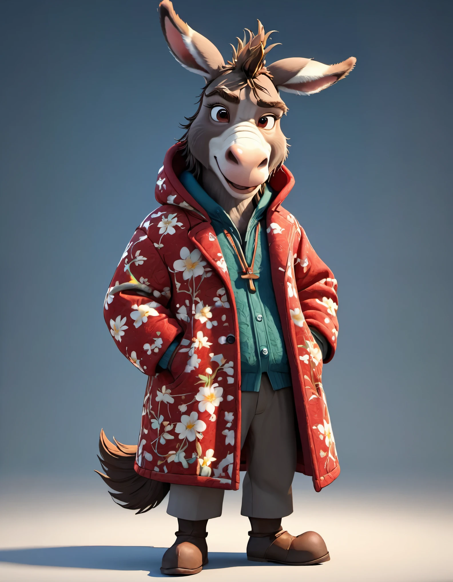 3d，c4d，disney art of animation，personification，Donkey man，Donkey-headed man，Wearing a Northeastern red floral thick cotton coat，Cross your arms，Head turned to one side stubbornly，Warmth，Cute and cute，Cartoon，OC renderer，8k，high quality，masterpiece