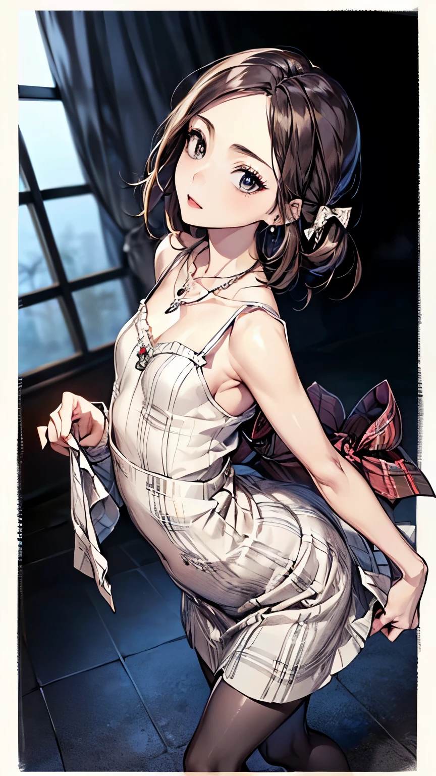 Schoolgirl, Brown Hair, Medium Hair, Sailor Suit, (Nude:1.4), Black Tights (See-Through Lingerie:1.3), (Blushing:1.0), Detailed Face, Roadside, POV crouching