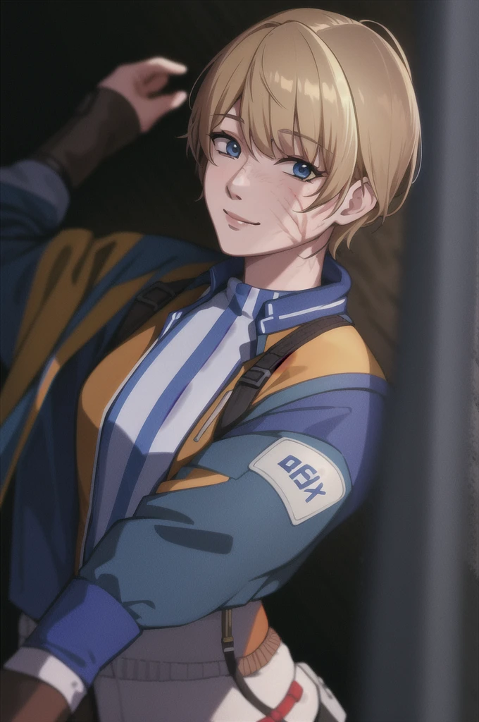 wattson (apex legends), masterpiece, best quality, 1girl, solo, scar, scar on face, scar on cheek, bangs, blonde hair, blue eyes, burn scar, smile, cowboy shot,