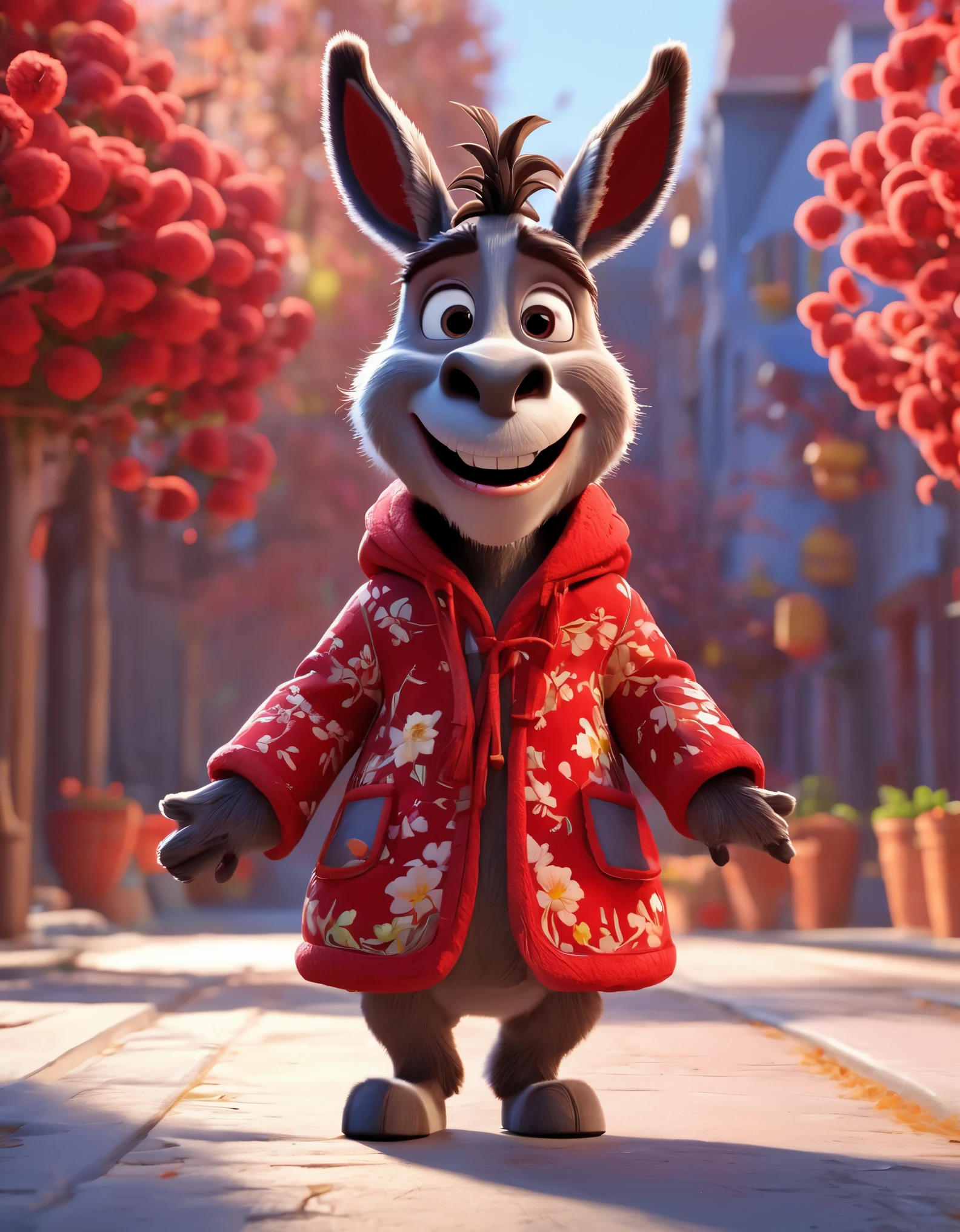 3d，c4d，disney art of animation，personification，Donkey man，Donkey-headed man，Wearing a Northeastern red floral thick cotton coat，Cross your arms，Open your mouth and laugh，Warmth，Cute and cute，Cartoon，OC renderer，8k，high quality，masterpiece