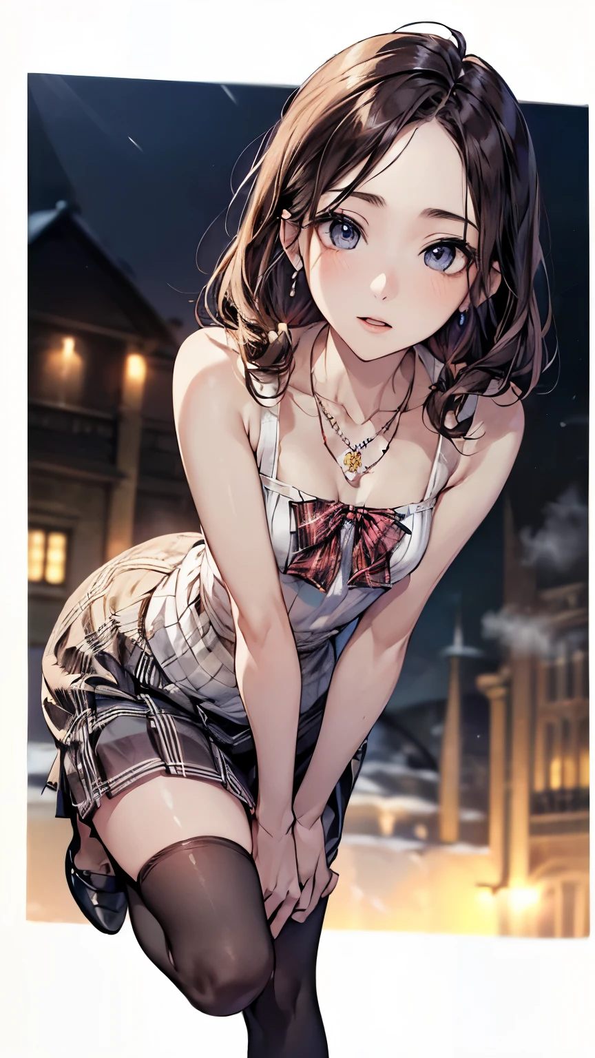 ((Biologically correct number of limbs))、(( Full body photo including face))、4K、((standing position))、masterpiece、((focus on the face))、((Symmetrical facial features))、Eyes with detailed description、Beautiful woman、outstanding style、beautiful clavicle、beautiful legs、beautiful hands、slender body、(small ass、thin thighs）、(stockings、high heels）、Detailed depiction of faces、small earrings、necklace、(knit dress、(plaid skirt))、close up of face、turn one&#39;s face upward、sideways glance、A bow tie、night、Super dense fog、white frame photo、