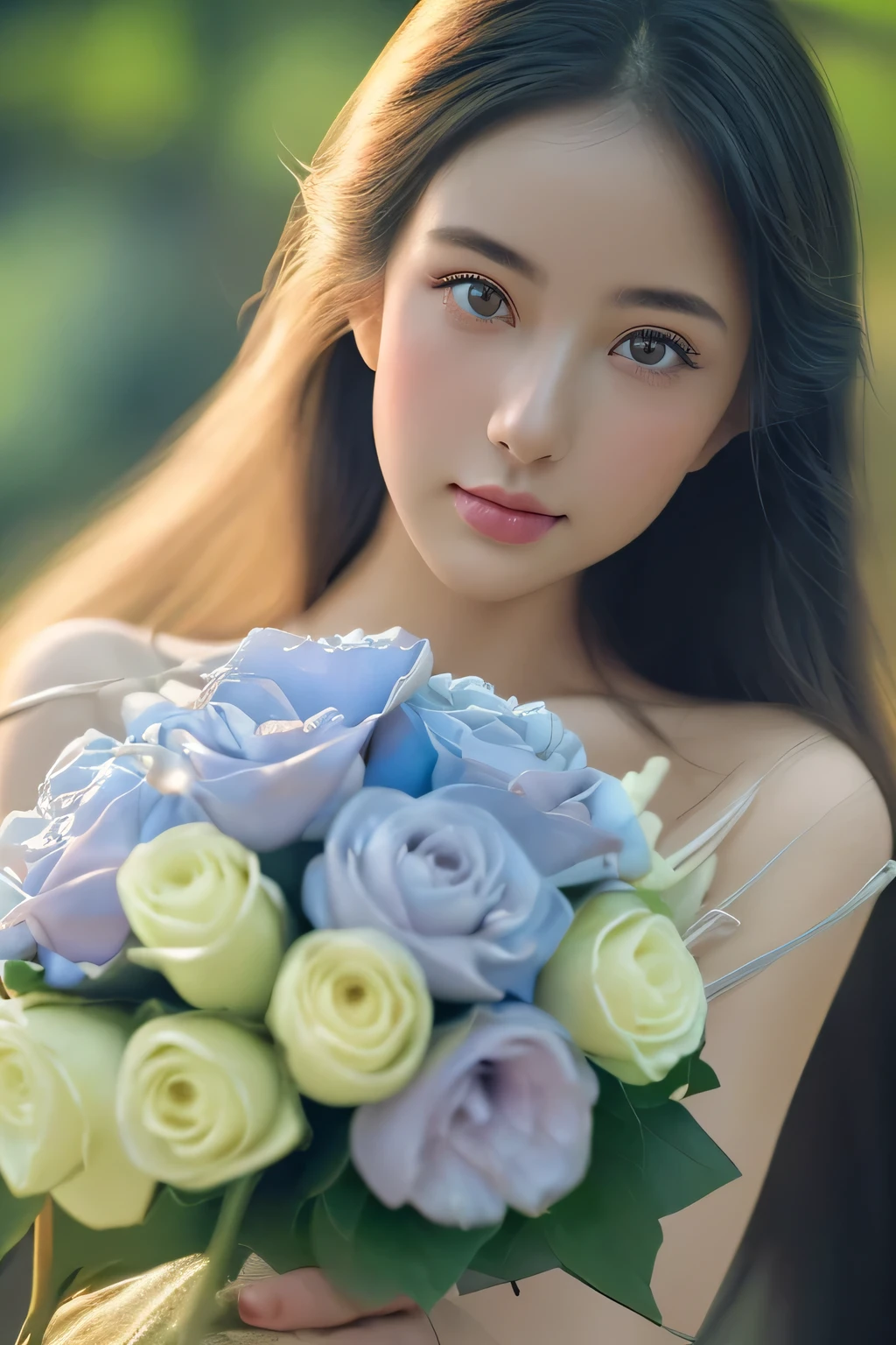 Women and bouquets, She looked at me with very beautiful and kind eyes.Detailed Schneider pastel ink, 、(pastel colors),Soft texture:((Delicate and beautiful eyes), (Detailed eyes and detailed face),The color is also significantly brighter,Background soft dark blue,ultra high definition, Super details, fresh and impressive，8K, 32k uhb,Photography,Nikon D850， real picture,national geographic,Award-winning,Award-winning photos