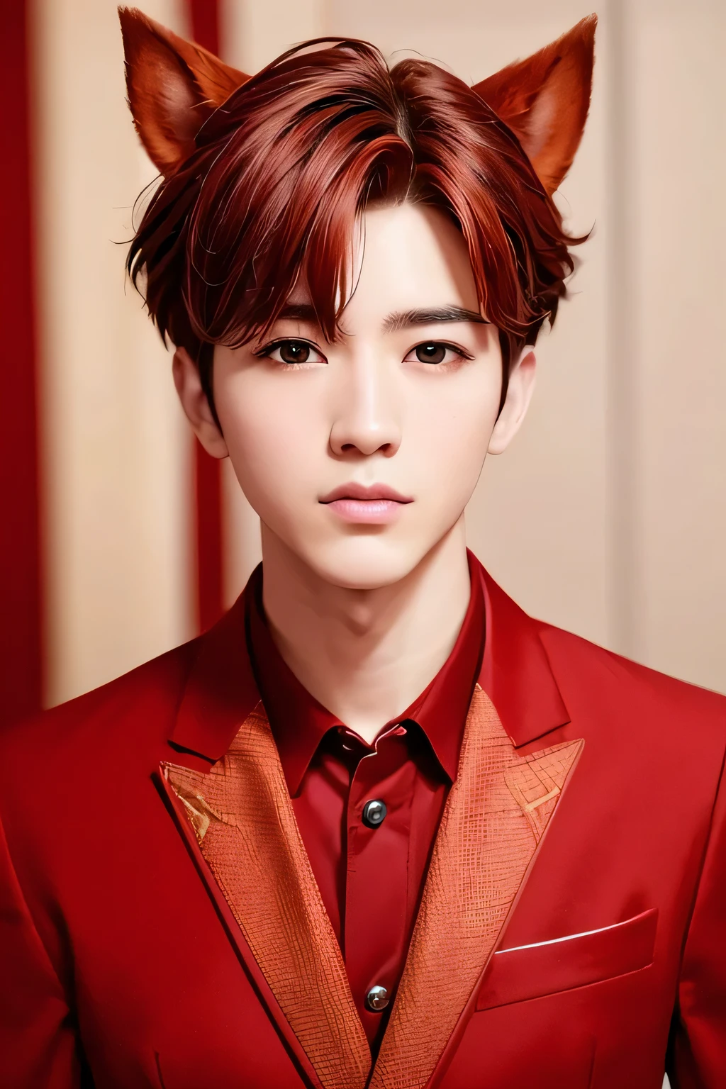 1boy、high quality、masterpiece、4k、Feeling blurry、realistic skin、dog ears、(face shot:1.45)、brown hair、(red suit:1.23)、soft fabric、