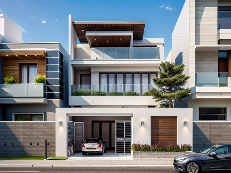 (masterpiece),(high quality), best quality, real,(realistic), super detailed, (full detail),(4k),8k,modern house exterior design,Modern architecture,Beautiful_sky,Day light, no_humans, outdoors,sky,tree,Garden flower front of building