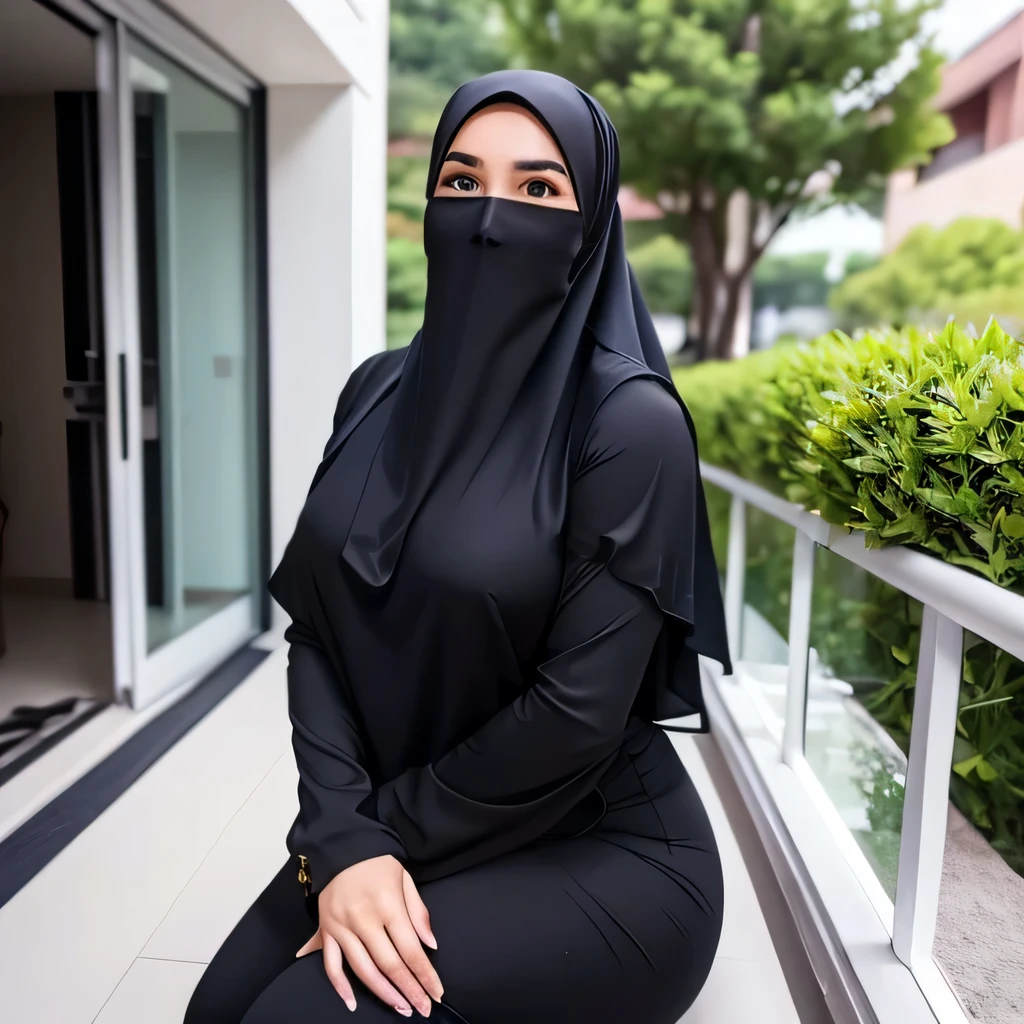 ( Close Up),RAW, Best quality, high resolution, masterpiece: 1.3), beautiful Malay woman in hijab, Masterpiece, perfect fit body, beautiful big eyes, Soft smile, beautiful face, thick thighs, woman in long dress sitting on a bench with flowers , women's long dresses, full covered dresses, simple flowing dresses, peach and goma style, flowing dresses, dresses, hijab, long dresses, soft silk dresses, wearing elegant dresses, 2 colors, wither, Fabulous lighting, Bright colors, Clean lines . Black Background. Realistic, Super Detail, Ultra HD, 8K Resolution, The mask veil is decorated with a necklace