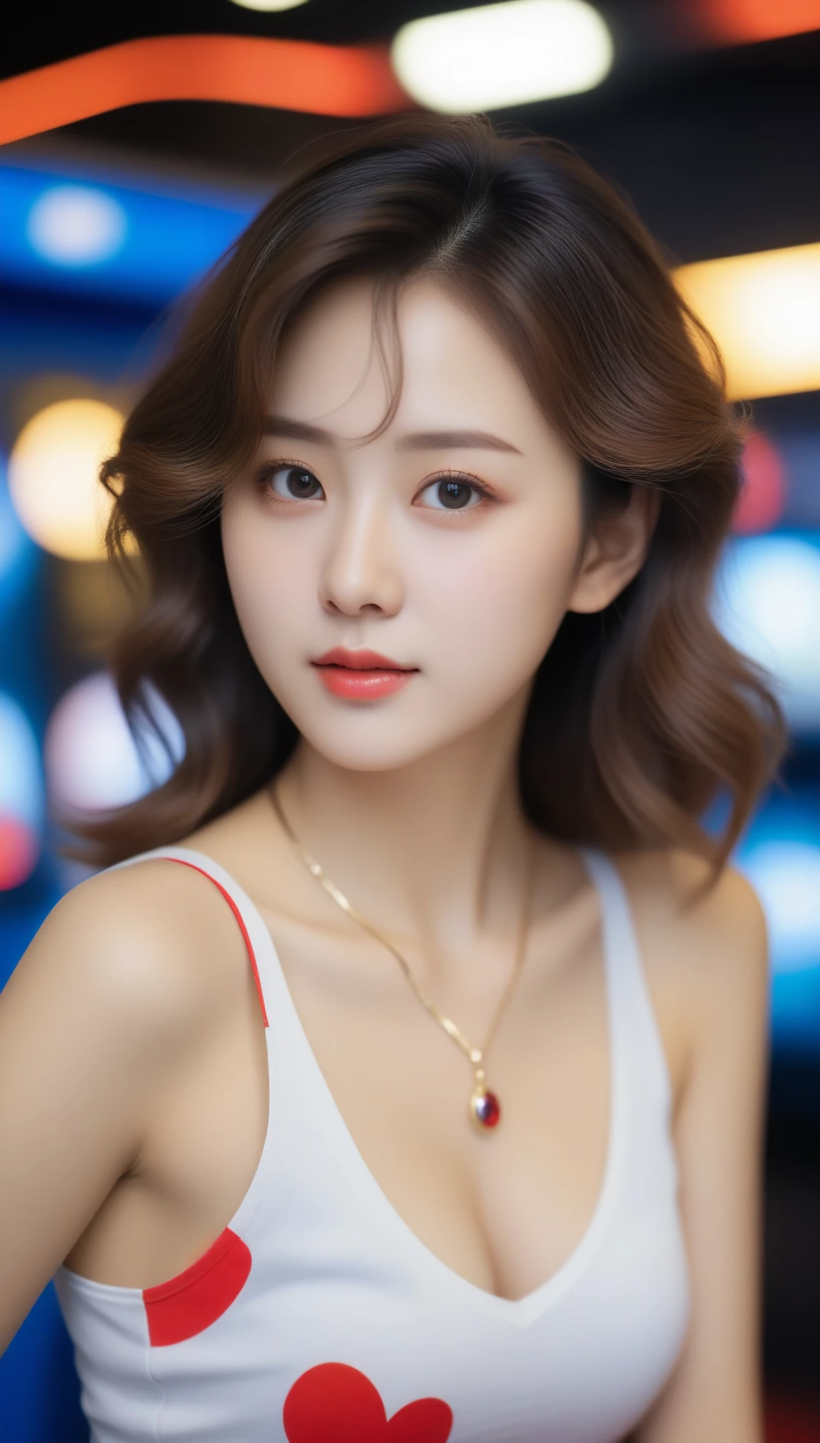 close-up of beautiful korean female, 34 inch breasts size, wavy hair, red ribbon on head, wearing v-neck tank top, necklace, playing game arcade, in Sega center, bokeh background, Polaroid photo, UHD