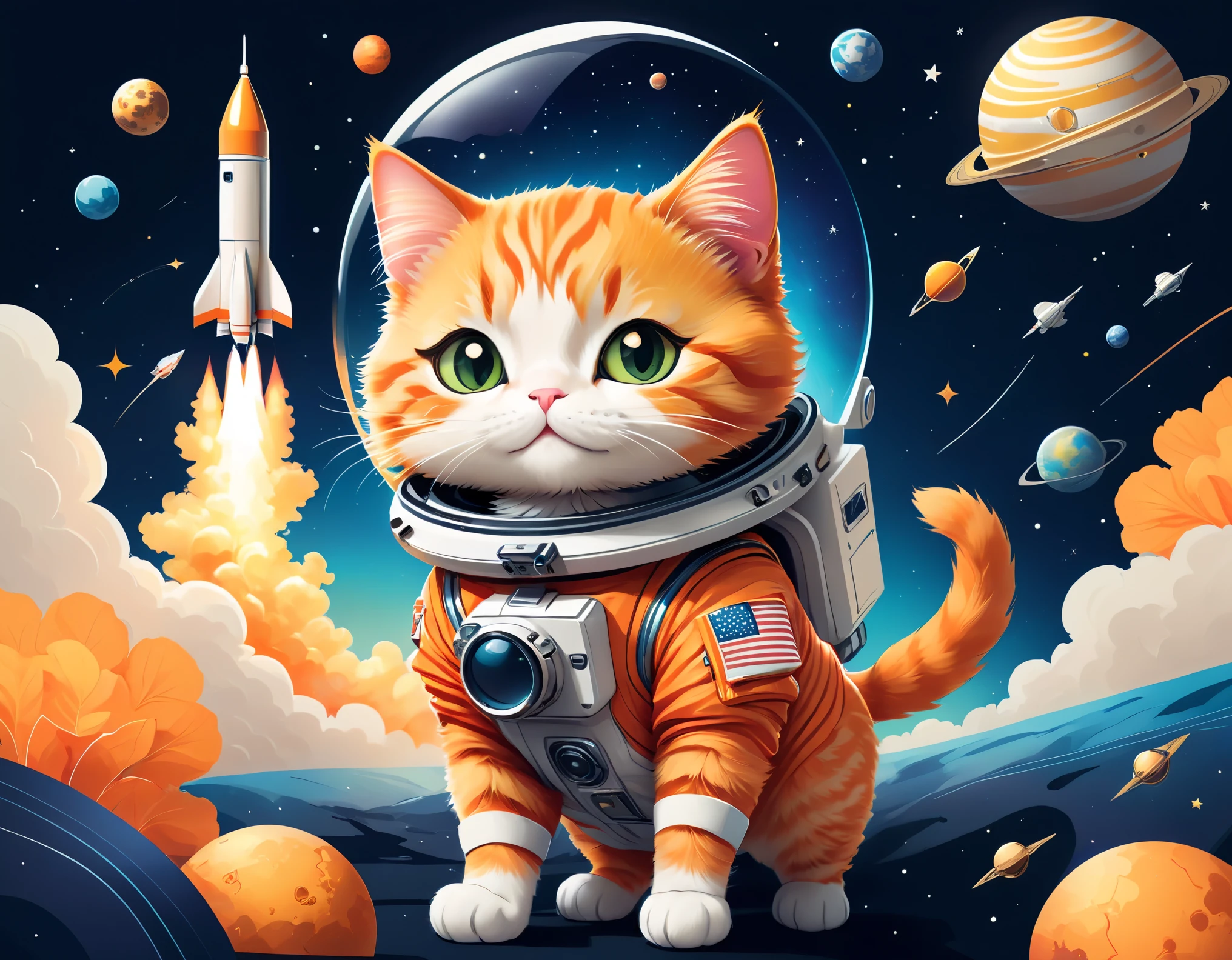 vector art:Cat astronaut,draw with thick lines,illustration,adobe,flat design,Works created by professional designers,超Brilliant宇宙旅行,orange cat:Spacesuit,Rocket emblem,technology,adventure,spaceship,outer space,no gravity,buoyant,floating object,cute,Fantastic,Brilliant,Bokeh effect,fun,Wonderful,joy,masterpiece,最高masterpiece,rich colors,colorful,cool,rendering,zentangle elements,line art,