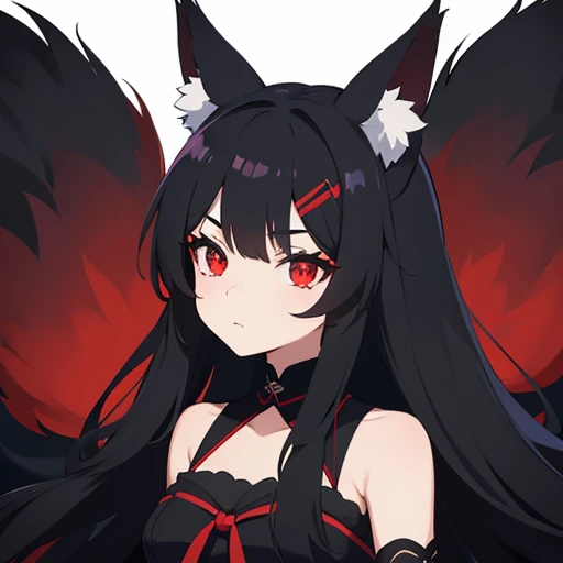 black fox girl , red eyes , black long hair , there are two white bow hair accessories on the head , black fluffy tail