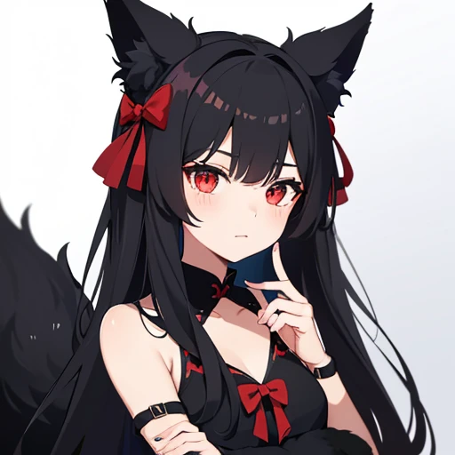 black fox girl , red eyes , black long hair , there are two white bow hair accessories on the head , black fluffy tail