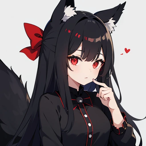 black fox girl , red eyes , black long hair , there are two white bow hair accessories on the head , black fluffy tail