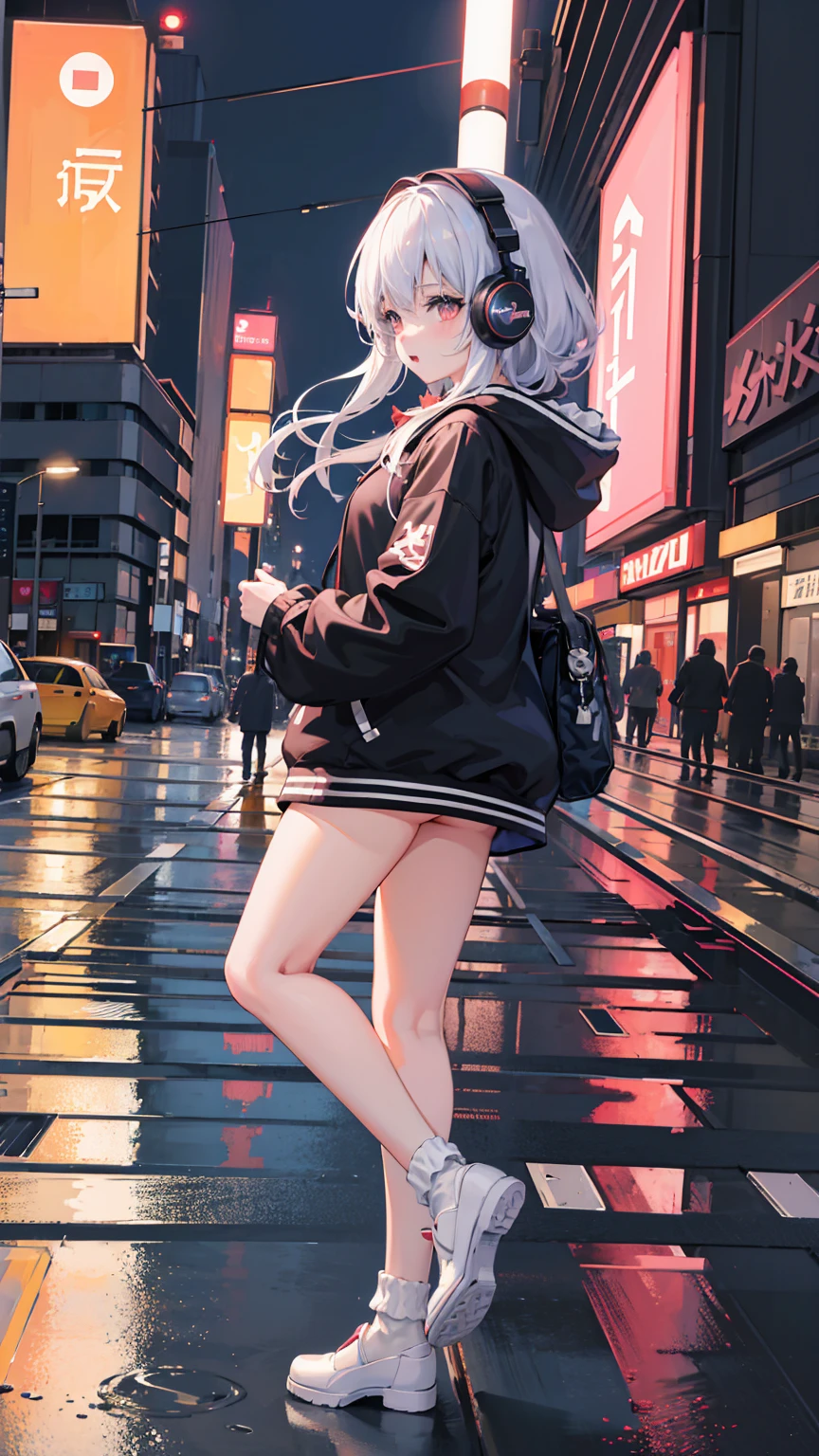 (masterpiece), (highest quality:1.4), (ultra high resolution:1.2),  super detailed background, (unity 8k wallpaper),Shibuya Ward、city pop、(headphones:1.2)、masterpiece, (anime girl alone:1.3), incredibly absurd, hoodie,pedestrian crossing, outdoor, rain, Tokyo, neon light.high school girl、profile、whole body、