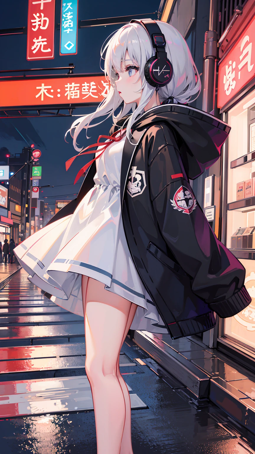 (masterpiece), (highest quality:1.4), (ultra high resolution:1.2), super detailed background, (unity 8k wallpaper),Shibuya Ward、city pop、(headphones:1.2)、masterpiece, (anime girl alone:1.3), incredibly absurd, hoodie,pedestrian crossing, outdoor, rain, Tokyo, neon light.high school girl、profile、whole body、