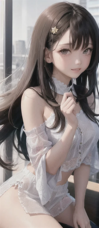 Layla (masterpiece), (highest quality), (super detailed),(messy hair),(figure), (1 girl), beautiful detailed eyes,delicate beautiful face,floating,(high color saturation),(colorful splashes),colorful bubble,(shining),focus on face, t sitting in the conference room , g;It&#39;s a cage, Golden star, white blouse, smile