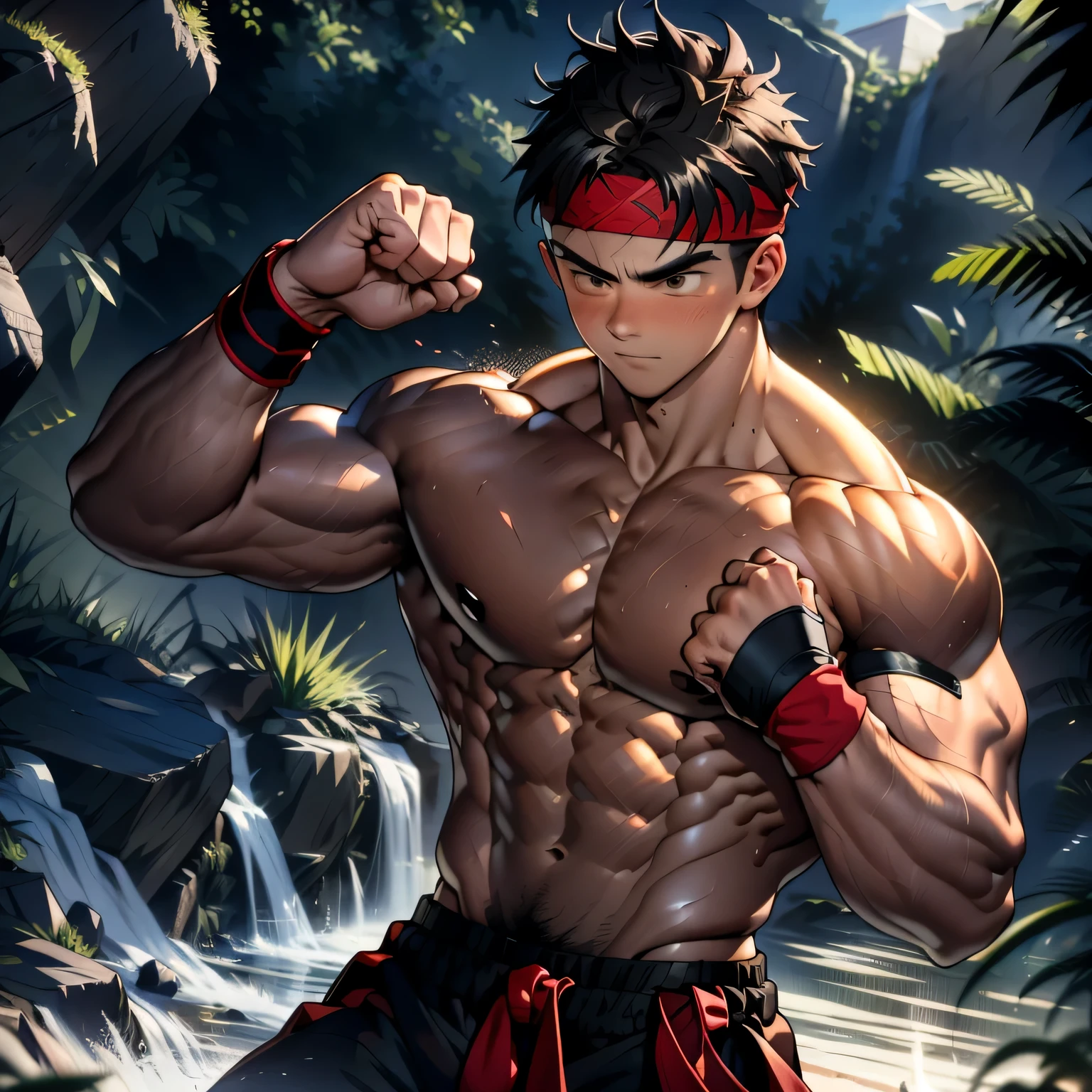 (Masterpiece, Best quality 18 year old boy, simple background, bust shot, looking away), solo, Young, boy, muscler, full bodyesbian, Shirtless, topless, (Dark Short straight hair, under cut, brown eyes), (torn cloth, red headband, ((black wristband))), Vivid colors, (hot Abs, big breast, chest muscle, upper arms), (topless male), closed mouth, tight muscler body, ((epic martial arts pose, fighting pose)), super saiyajin azul