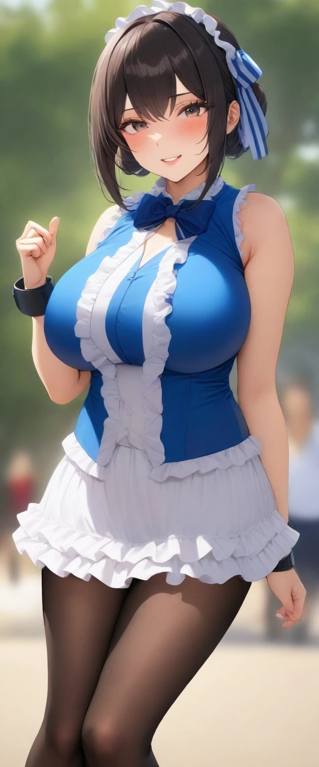 masterpiece, best quality, very aesthetic, absurdres, mature female, (school festival frilled costume:1.3),(mini skirt:1.3), zettai ryouiki, bow tie, hair ribbon,
(button gap:0), sleeveless, cuffs, tights