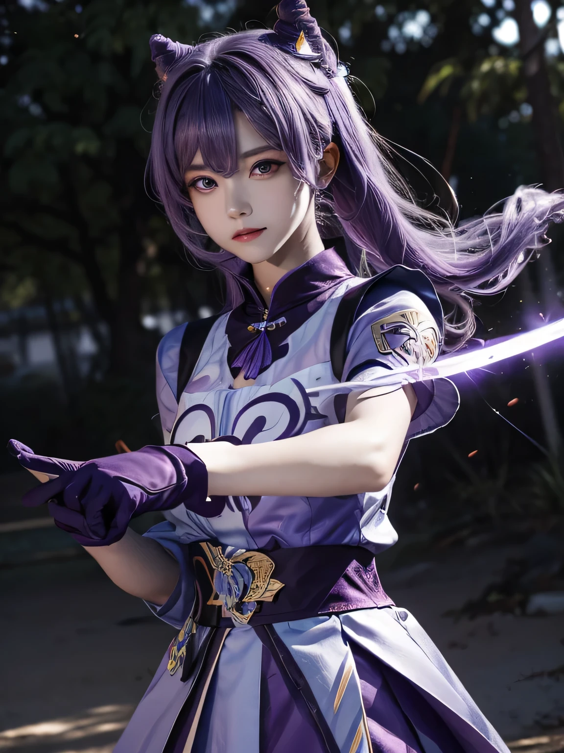 masterpiece, best quality, detailed, depth of field, Surreal, lifelike, realistic face and Eye, lifelike skin texture, Movie lighting, ulzzang-6500, Tyndall effect, sword, blank background, (Looking forward to the audience), Eye Looking forward to the audience.
1 girl, (frown, Keep your mouth shut), Keqing_\(Genshin_Influence\), purple_Eye, purple hair, Double tail, sharp Eye, serious face, Gloves, hands holding sword, lightning glowing sword, purple lightning,
Movie