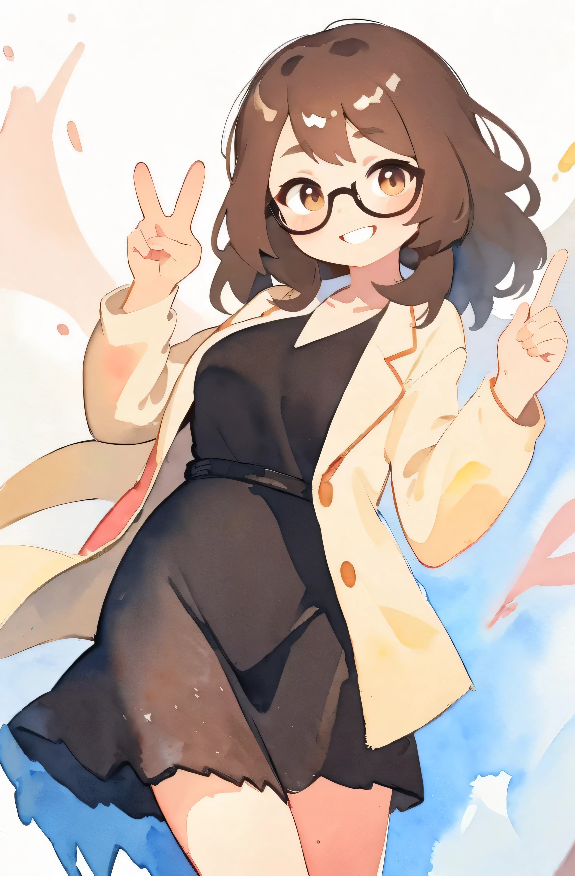 (best quality,ultrares,masterpiece:1.2) (watercolor: 1.5) (pastel colors: 1) 1 Asian office lady, Glasses, Warmly smiling at you, Beige jacket, Black dress, Black flats, Long Brown hair and brown round eyes, White background, Peace sign, (artistic touches)